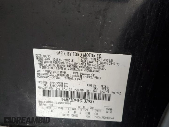 2015 Ford Taurus SEL with VIN 1FAHP2E94FG137935, listed as a Copart auction lot 80921824 with 172,324 mi miles and Salvage Title. Bid and sale history available at DreamBid. Image 12.