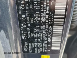 2019 Hyundai Kona Ultimate с VIN KM8K5CA50KU236371, выставлен на аукционе Copart как лот 57243575 с пробегом 75 307 миль миль и Списание • Salvage title. История ставок и продаж доступна на DreamBid. Изображение 12.