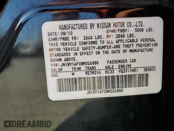 2011 Infiniti M37 with VIN JN1BY1AP0BM324986, listed as a Copart auction lot 53671215 with 187,490 mi miles and Salvage Title. Bid and sale history available at carsss.com. Image 13.