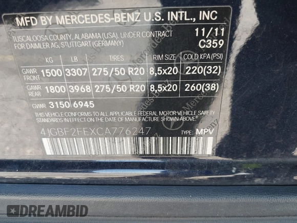 2012 Mercedes-Benz GL 350 with VIN 4JGBF2FEXCA776247, listed as a IAAI auction lot 41837519 with 119,421 mi miles and . Bid and sale history available at DreamBid. Image 9.