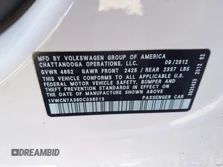 2013 Volkswagen Passat SEL Premium z VIN 1VWCN7A39DC036013, wystawiony jako IAAI lot #41632682 z przebiegiem 158 680 mil mil oraz . Historia ofert i sprzedaży dostępna na DreamBid. Obrazek 9.