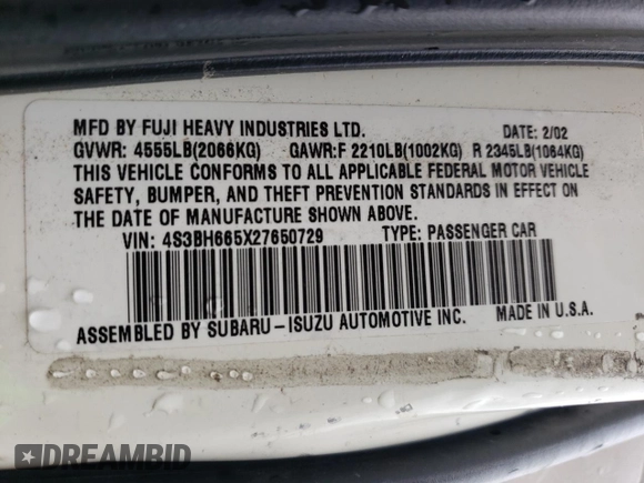 2002 Subaru Legacy Outback z VIN 4S3BH665X27650729, wystawiony jako Copart lot #44625065 z przebiegiem 345 754 mil mil oraz Szkoda całkowita • Salvage title. Historia ofert i sprzedaży dostępna na DreamBid. Obrazek 13.