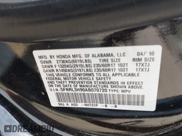 2010 Honda Odyssey Touring с VIN 5FNRL3H90AB070720, выставлен на аукционе IAAI как лот 42335181 с пробегом 145 205 миль миль и . История ставок и продаж доступна на DreamBid. Изображение 9.