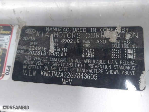 2016 Kia Soul with VIN KNDJN2A22G7843605, listed as a IAAI auction lot 41764200 with NaN miles. Bid and sale history available at carsss.com. Image 9.