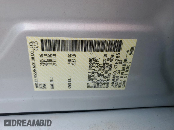 2016 Nissan Maxima SL with VIN 1N4AA6AP3GC376285, listed as a Copart auction lot 58375815 with 116,722 mi miles and Salvage title. Bid and sale history available at DreamBid. Image 12.