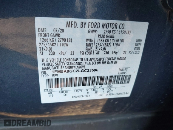 2020 Ford Explorer ST with VIN 1FM5K8GC2LGC23596, listed as a IAAI auction lot 41070463 with 78,518 mi miles. Bid and sale history available at carsss.com. Image 9.