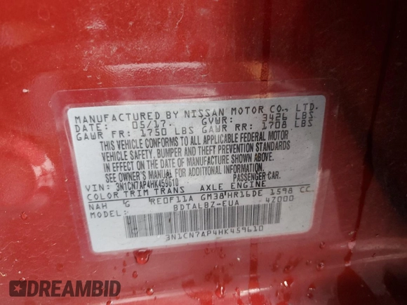 2017 Nissan Versa SV z VIN 3N1CN7AP4HK459610, wystawiony jako Copart lot #43832095 z przebiegiem 77 980 mil mil oraz Szkoda całkowita • Salvage title. Historia ofert i sprzedaży dostępna na DreamBid. Obrazek 12.