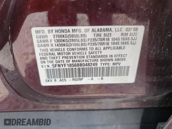 2008 Honda Pilot EX-L with VIN 5FNYF18568B048249, listed as a Copart auction lot 63614245 with 195,503 mi miles and Salvage title. Bid and sale history available at DreamBid. Image 13.