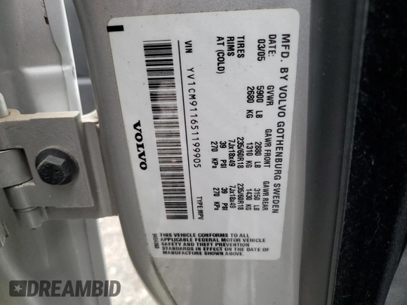2005 Volvo XC90 with VIN YV1CM911651199905, listed as a Copart auction lot 79418684 with 128,932 mi miles and Salvage Title. Bid and sale history available at DreamBid. Image 12.