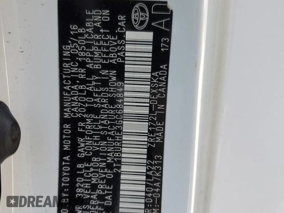 2016 Toyota Corolla L z VIN 2T1BURHE3GC684849, wystawiony jako Copart lot #59341435 z przebiegiem 82 995 mil mil oraz Szkoda całkowita • Salvage title. Historia ofert i sprzedaży dostępna na DreamBid. Obrazek 12.