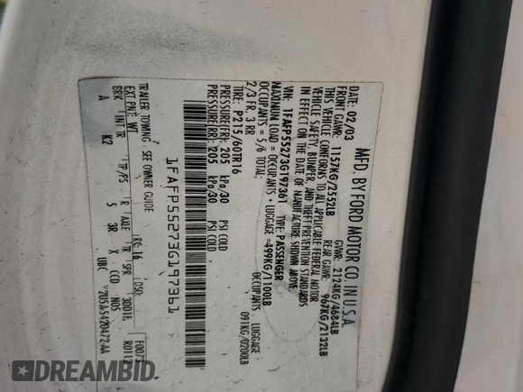 2003 Ford Taurus SES Standard with VIN 1FAFP55273G197361, listed as a Copart auction lot 49446955 with 137,863 mi miles and Salvage Title. Bid and sale history available at DreamBid. Image 12.