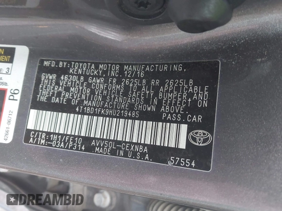 2017 Toyota Camry Hybrid LE with VIN 4T1BD1FK9HU219485, listed as a IAAI auction lot 41175183 with 147,190 mi miles. Bid and sale history available at carsss.com. Image 9.