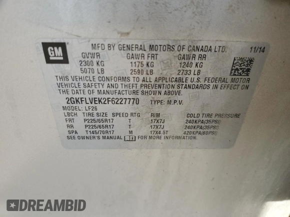 2015 GMC Terrain SLE with VIN 2GKFLVEK2F6227770, listed as a Copart auction lot 50655665 with 106,102 mi miles and Salvage Title. Bid and sale history available at DreamBid. Image 13.