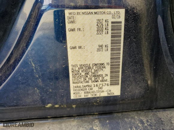 2016 Nissan Altima 2.5 SL with VIN 1N4AL3AP9GC167576, listed as a Copart auction lot 50512275 with 69,502 mi miles and Salvage Title. Bid and sale history available at carsss.com. Image 12.