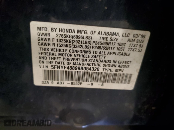 2009 Honda Pilot Touring z VIN 5FNYF48899B054320, wystawiony jako Copart lot #58948585 z przebiegiem 254 997 mil mil oraz Szkoda całkowita • Salvage title. Historia ofert i sprzedaży dostępna na DreamBid. Obrazek 13.