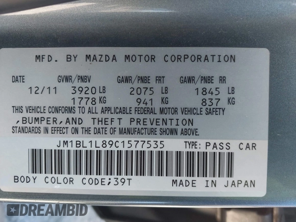 2012 Mazda 3 i Touring with VIN JM1BL1L89C1577535, listed as a IAAI auction lot 41631335 with 82,984 mi miles and . Bid and sale history available at DreamBid. Image 9.
