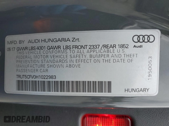 2017 Audi TT Roadster z VIN TRUT5CFV0H1022983, wystawiony jako Copart lot #53056424 z przebiegiem 38 478 mil mil oraz . Historia ofert i sprzedaży dostępna na DreamBid. Obrazek 13.