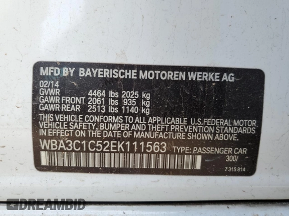 2014 BMW 3 Series 328i with VIN WBA3C1C52EK111563, listed as a Copart auction lot 51465165 with 142,125 mi miles and Salvage title. Bid and sale history available at DreamBid. Image 12.