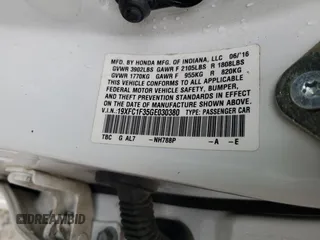 2016 Honda Civic EX-T z VIN 19XFC1F35GE030380, wystawiony jako Copart lot #58374315 z przebiegiem 185 175 mil mil oraz Szkoda całkowita • Salvage title. Historia ofert i sprzedaży dostępna na DreamBid. Obrazek 12.