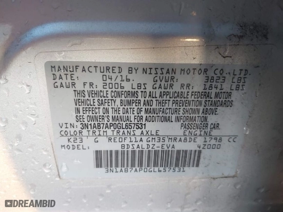 2016 Nissan Sentra SR with VIN 3N1AB7AP0GL657531, listed as a IAAI auction lot 41293684 with 128,939 mi miles. Bid and sale history available at carsss.com. Image 9.