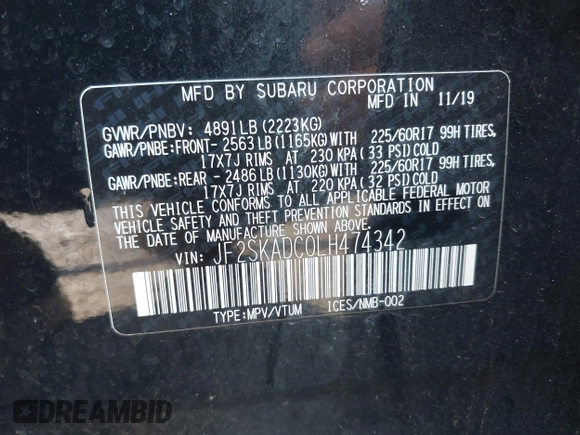 2020 Subaru Forester with VIN JF2SKADC0LH474342, listed as a IAAI auction lot 42093051 with 34,612 mi miles and . Bid and sale history available at DreamBid. Image 9.