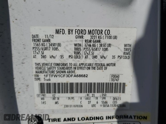 2013 Ford F-150 XL with VIN 1FTFW1CF3DFA68682, listed as a Copart auction lot 61295665 with 139,134 mi miles and Salvage title. Bid and sale history available at DreamBid. Image 12.