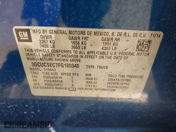2015 Chevrolet Silverado 1500 LTZ with VIN 3GCUCSEC7FG189340, listed as a IAAI auction lot 42018041 with 203,305 mi miles and . Bid and sale history available at DreamBid. Image 9.