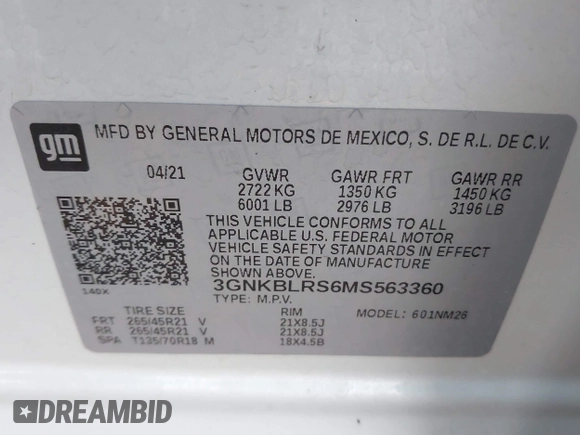 2021 Chevrolet Blazer Premier with VIN 3GNKBLRS6MS563360, listed as a IAAI auction lot 41760795 with 29,534 mi miles and . Bid and sale history available at DreamBid. Image 9.
