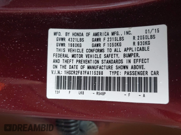 2015 Honda Accord EX-L с VIN 1HGCR2F87FA115288, выставлен на аукционе IAAI как лот 42333250 с пробегом 84 776 миль миль и . История ставок и продаж доступна на DreamBid. Изображение 9.