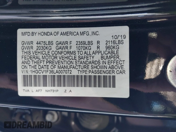 2020 Honda Accord Sport with VIN 1HGCV1F36LA007072, listed as a IAAI auction lot 42051845 with 102,869 mi miles and . Bid and sale history available at DreamBid. Image 9.