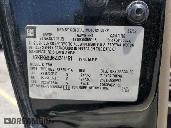 2002 GMC Yukon Denali z VIN 1GKEK63U62J241161, wystawiony jako Copart lot #58350085 z przebiegiem Nie podano mil oraz Szkoda całkowita • Salvage title. Historia ofert i sprzedaży dostępna na DreamBid. Obrazek 13.