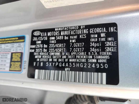 2017 Kia Sorento LX V6 with VIN 5XYPG4A55HG224950, listed as a Copart auction lot 47846735 with 163,855 mi miles and Salvage Title. Bid and sale history available at carsss.com. Image 13.
