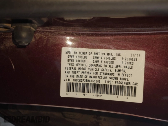 2017 Honda Accord Sedan LX with VIN 1HGCR2F38HA155306, listed as a IAAI auction lot 41861579 with 162,464 mi miles. Bid and sale history available at carsss.com. Image 9.