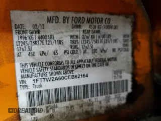 2012 Ford F-250 XL with VIN 1FT7W2A60CEB62164, listed as a Copart auction lot 62677155 with 243,849 mi miles and Clean title. Bid and sale history available at DreamBid. Image 12.