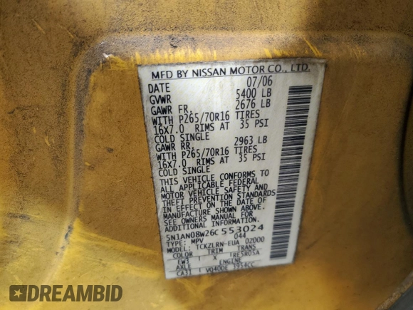 2006 Nissan Xterra S with VIN 5N1AN08W26C553024, listed as a Copart auction lot 48459545 with 356,176 mi miles and Salvage title. Bid and sale history available at DreamBid. Image 13.