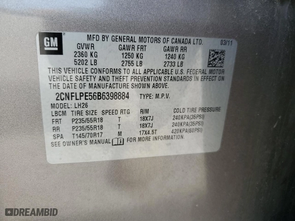 2011 Chevrolet Equinox LT w/2LT with VIN 2CNFLPE56B6398884, listed as a Copart auction lot 68331213 with 268,311 mi miles and Clean Title. Bid and sale history available at carsss.com. Image 13.