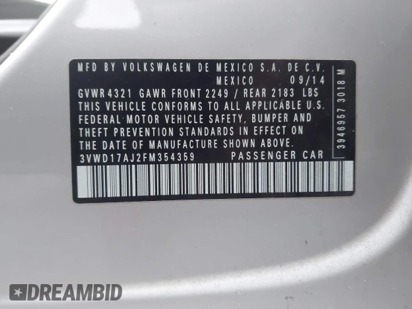 2015 Volkswagen Jetta SE с VIN 3VWD17AJ2FM354359, выставлен на аукционе IAAI как лот 41665595 с пробегом 155 748 миль миль и . История ставок и продаж доступна на DreamBid. Изображение 9.