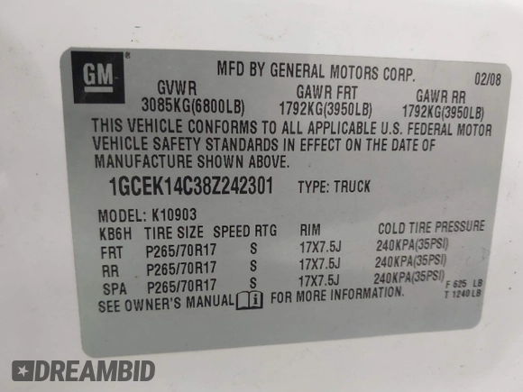 2008 Chevrolet Silverado 1500 Work Truck with VIN 1GCEK14C38Z242301, listed as a IAAI auction lot 41782709 with 42,525 mi miles. Bid and sale history available at carsss.com. Image 9.