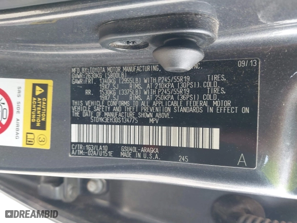 2013 Toyota Highlander Limited with VIN 5TDYK3EH3DS134775, listed as a IAAI auction lot 41785006 with 91,891 mi miles. Bid and sale history available at carsss.com. Image 9.