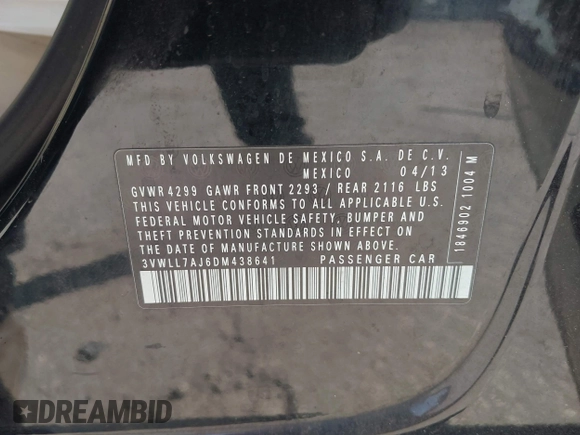 2013 Volkswagen Jetta TDI w/Premium with VIN 3VWLL7AJ6DM438641, listed as a IAAI auction lot 42724848 with Not provided miles and . Bid and sale history available at DreamBid. Image 9.