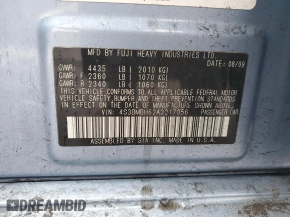2010 Subaru Legacy Premium All-Weather Anniversary with VIN 4S3BMBH62A3217356, listed as a Copart auction lot 47146575 with 128,248 mi miles and Salvage title. Bid and sale history available at DreamBid. Image 15.