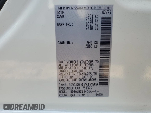 2025 Nissan Altima SV with VIN 1N4BL4DV1SN370799, listed as a Copart auction lot 53916015 with 1,134 mi miles and Salvage Title. Bid and sale history available at DreamBid. Image 12.