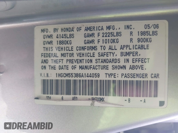 2006 Honda Accord LX SE with VIN 1HGCM55386A144059, listed as a IAAI auction lot 41483767 with 199,184 mi miles and . Bid and sale history available at DreamBid. Image 9.