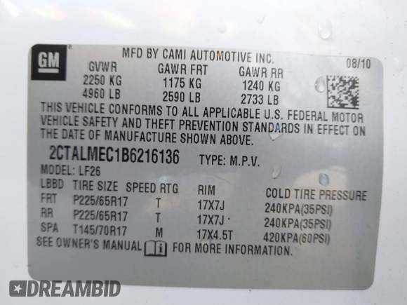 2011 GMC Terrain SLE-1 z VIN 2CTALMEC1B6216136, wystawiony jako IAAI lot #41108001 z przebiegiem 204 311 mil mil oraz . Historia ofert i sprzedaży dostępna na DreamBid. Obrazek 9.