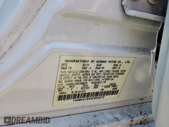 2004 Nissan Maxima SE with VIN 1N4BA41E94C900672, listed as a Copart auction lot 69086554 with 160,270 mi miles and Salvage Title. Bid and sale history available at DreamBid. Image 12.