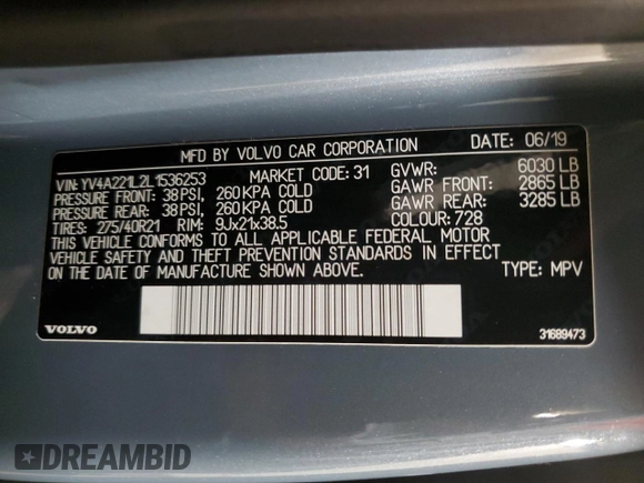 2020 Volvo XC90 Inscription with VIN YV4A221L2L1536253, listed as a Copart auction lot 76448954 with 70,705 mi miles and Salvage title. Bid and sale history available at DreamBid. Image 13.