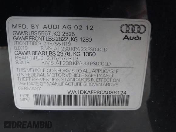 2012 Audi Q5 Premium Plus with VIN WA1DKAFP8CA086124, listed as a IAAI auction lot 42648621 with 96,805 mi miles and . Bid and sale history available at DreamBid. Image 9.