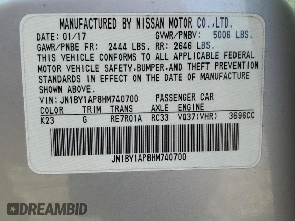 2017 Infiniti Q70 3.7 with VIN JN1BY1AP8HM740700, listed as a Copart auction lot 46144665 with 136,939 mi miles and Salvage Title. Bid and sale history available at DreamBid. Image 13.