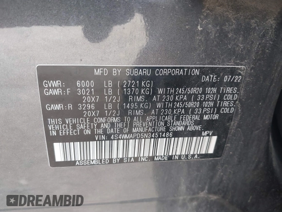 2022 Subaru Ascent Limited with VIN 4S4WMAPD5N3451486, listed as a IAAI auction lot 42592976 with 58,736 mi miles and . Bid and sale history available at DreamBid. Image 9.