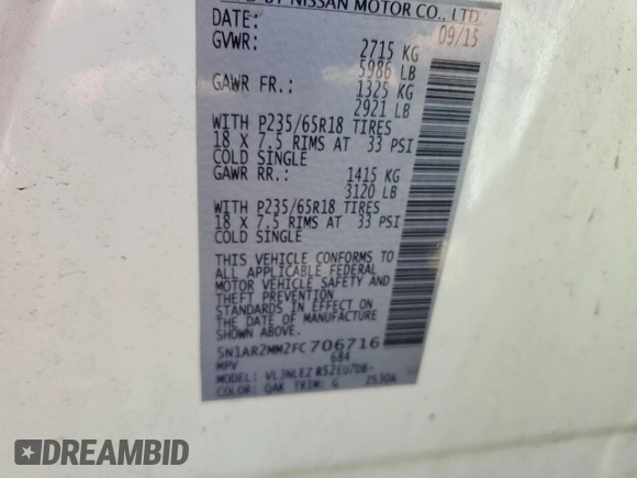 2015 Nissan Pathfinder SV with VIN 5N1AR2MM2FC706716, listed as a Copart auction lot 54173455 with 178,725 mi miles and Salvage title. Bid and sale history available at DreamBid. Image 13.